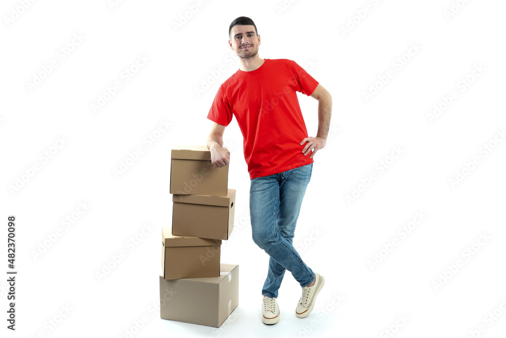 Delivery man with boxes, isolated on white background Delivery man with boxes, isolated on white background