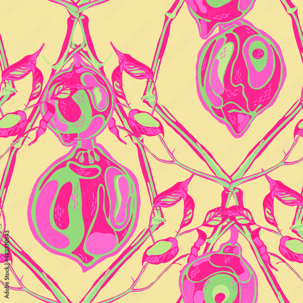 Lemon Seamless Pattern. Simple Marker Lime. Botanical Illustration. Vector Summer Citrus Print. Psychedelic Citron Motif. Green Ash and Pink  Modern Hand Drawn Background.