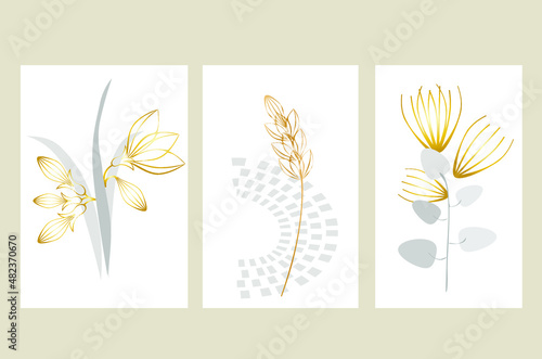 a set of three drawings with abstract flowers on a white background. Vector illustration for design of cards, covers, wall decor