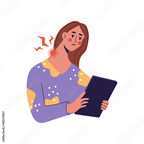 Tek neck or office syndrome. Young women feeling pain on neck becouse of wrong ergonomic and long time looked at tablet. Flat vector illustration. isolated on a white background