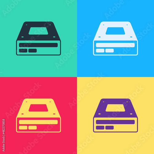 Pop art Optical disc drive icon isolated on color background. CD DVD laptop tray drive for read and write data disc. Vector