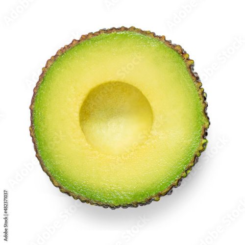 Cutted fresh avocado isolated on white background. Ripe fresh avocado Haas closeup.