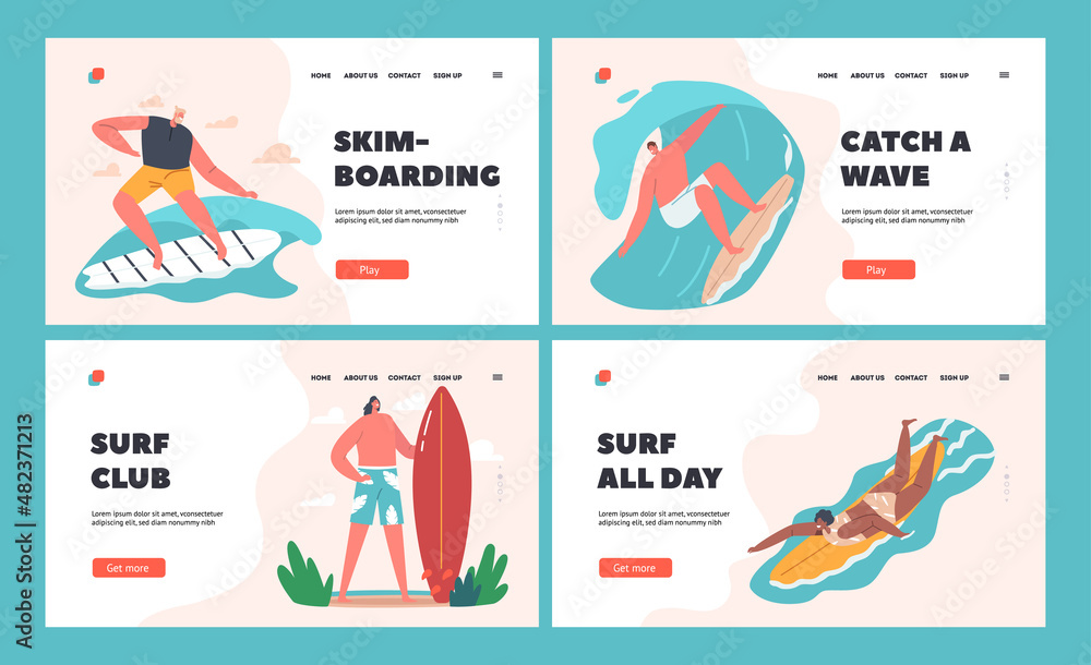 Obraz premium Surfing Sport Landing Page Template Set. Surfers Characters Men and Women in Swimwear Riding Surf Boards by Ocean Waves