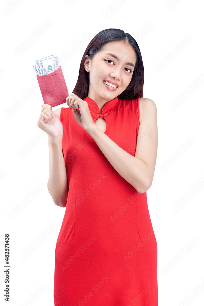 Asian Chinese woman in a cheongsam dress holding red envelopes (Angpao) Asian Chinese woman in a cheongsam dress holding red envelopes (Angpao)