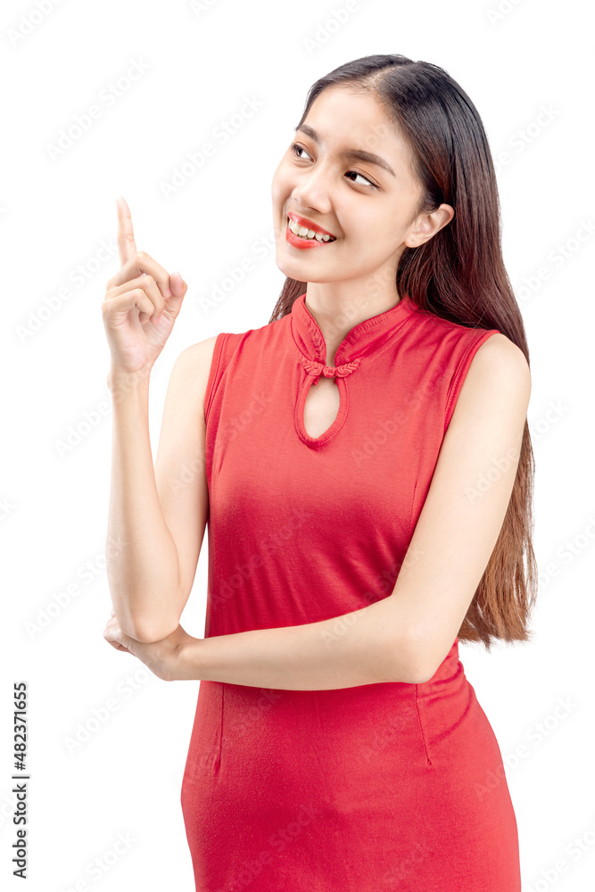 Asian Chinese woman in a cheongsam dress pointing something Asian Chinese woman in a cheongsam dress pointing something