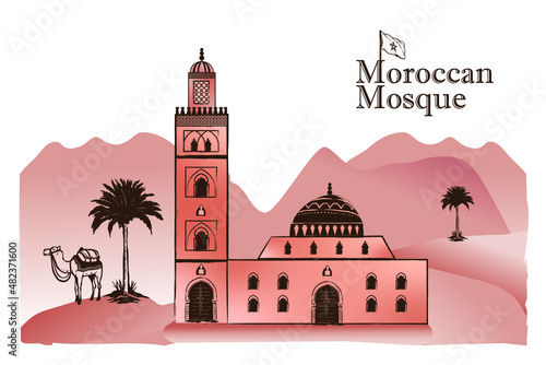 Moroccan mosque, palm tree, camel, sahara dunes. Vector image. isolated tourist postcard , poster, calendar template or coloring book page