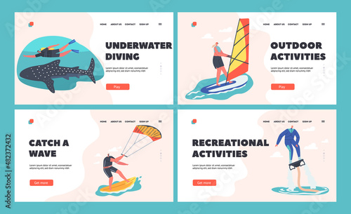 People Extreme Water Sports Activity Landing Page Template Set. Wind Surfing, Fly Board, Jet Ski and Diving with Shark © Sergii Pavlovskyi