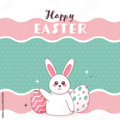Happy Easter Concept With Cute Bunny  Printed Eggs On Colorful Wave Layer Background.