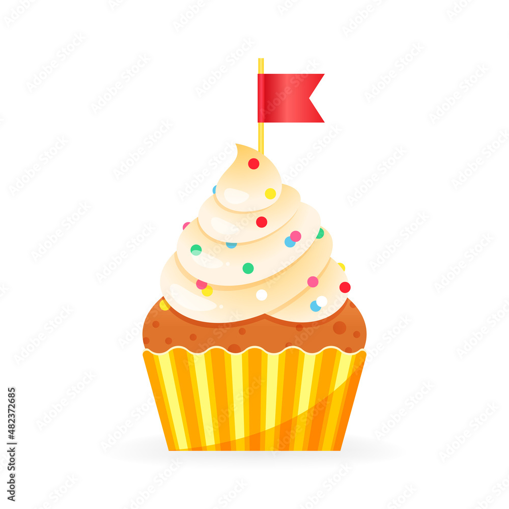 Cartoon cupcake icon. Illustration of birthday cupcake decorated with cream, sprinkles and flag. Vector 10 EPS.
