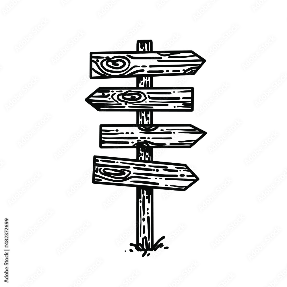 Vector black and white signboard hanmade of wood and timber. Arrows showing pointing the way in sketch scribble bullet journal style. Vector black and white signboard hanmade of wood and timber. Arrows showing pointing the way in sketch scribble bullet journal style.