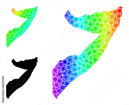 Spectral gradient star collage map of Somalia. Vector colored map of Somalia with spectral gradients. Mosaic map of Somalia collage is composed with randomized colored star items.