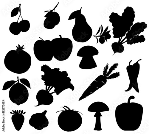 collection of vegetables and fruits set silhouette, on white background, vector, isolated