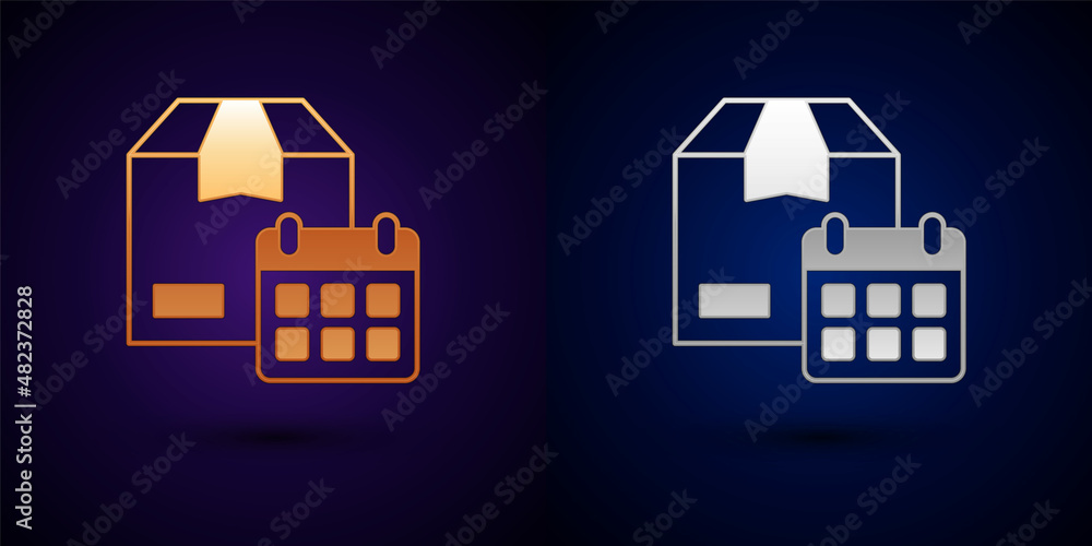 Fototapeta premium Gold and silver Carton cardboard box and fast time delivery icon isolated on black background. Box, package, parcel sign. Delivery and packaging. Vector