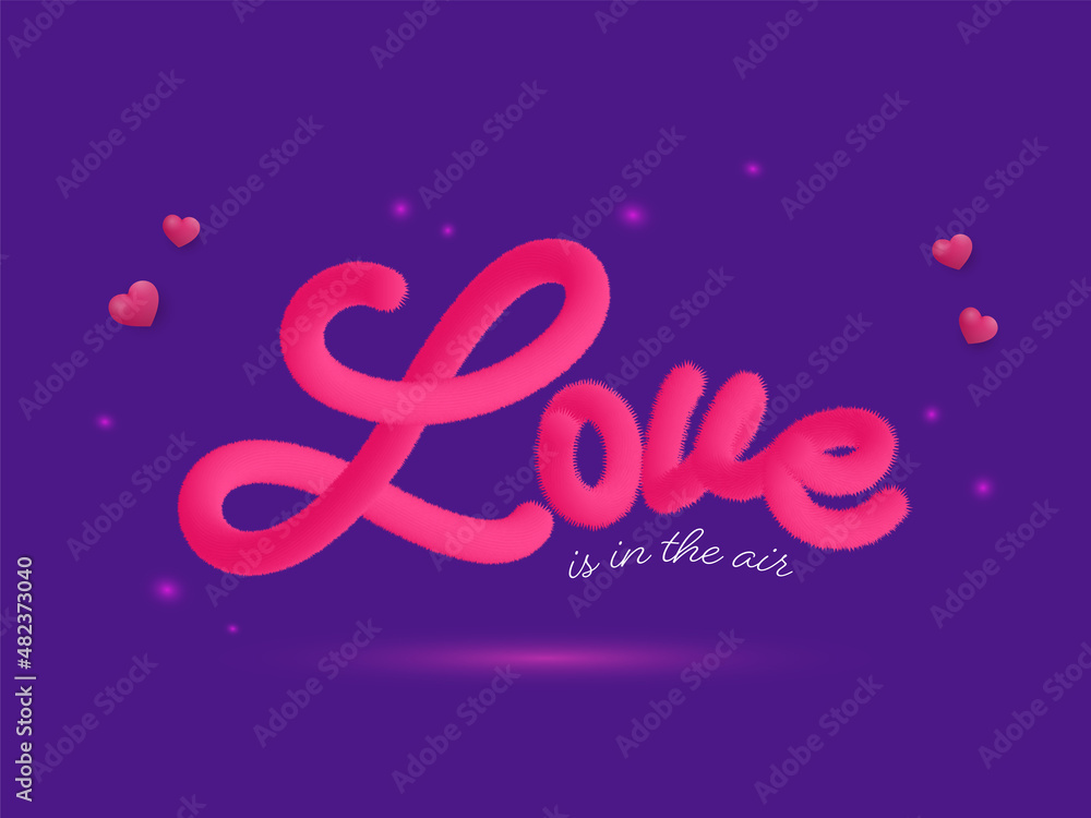 Love Is In The Air Quote With Red Hearts And Light Effect On Purple Background.