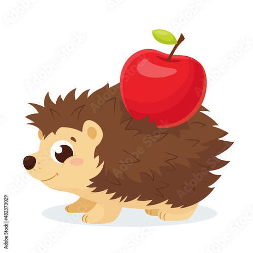 Cute little hedgehog vector. Adorable cartoon brown hedgehog with a red apple.
