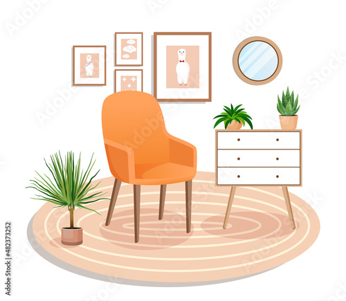 Cute interior with modern furniture and plants. Design of a cozy living room with soft chair, plants, pictures, carpet, mirror, dresser. Vector flat style illustration.