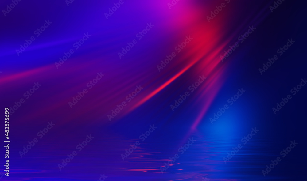 Neon abstract rays of light on a dark background. Light effect, laser show, reflection on the water surface. Ultraviolet radiation, night club, beach party. 3d illustration