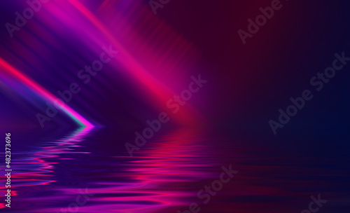 Neon abstract rays of light on a dark background. Light effect, laser show, reflection on the water surface. Ultraviolet radiation, night club, beach party. 3d illustration
