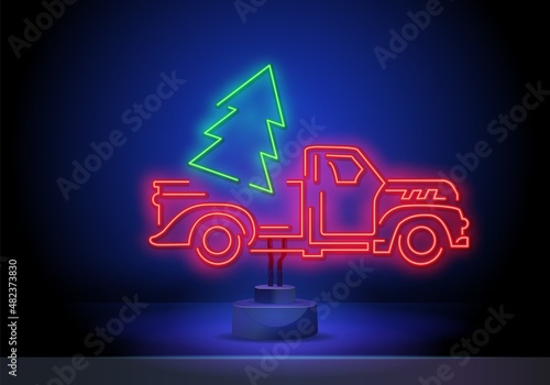 Christmas tree in truck neon sign. Fir, tree, New Year. Night bright advertisement. Vector illustration in neon style for banner, billboard