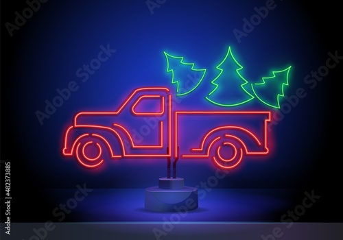 Christmas tree in truck neon sign. Fir, tree, New Year. Night bright advertisement. Vector illustration in neon style for banner, billboard