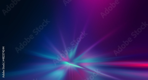 Dark abstract futuristic background with ultraviolet neon glow. Laser neon lines, waves, particle explosion