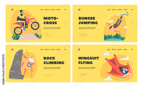 Extreme Activities and Sport Landing Page Template Set. Bungee Jumping, Wingsuit Flying, Off Road Biking, Rock Climbing