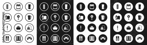 Set Refrigerator, Electric fan, Kitchen meat grinder, Stereo speaker, Measuring cup, Oven, Vacuum cleaner and Blender icon. Vector