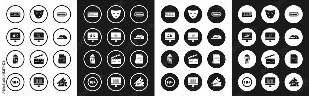 Set Cinema poster design template, Computer PC monitor with 4k technology, VHS cassette tape, Cap inscription director, Drama theatrical mask, Scenario and Popcorn cardboard box icon. Vector Set Cinema poster design template, Computer PC monitor with 4k technology, VHS cassette tape, Cap inscription director, Drama theatrical mask, Scenario and Popcorn cardboard box icon. Vector