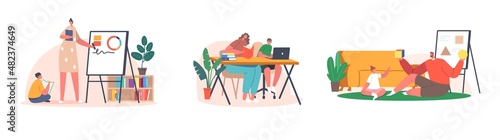 Family Education, School at Home Concept. Parents and Children Make Lessons Together, Prepare Classes. Students Make Homework