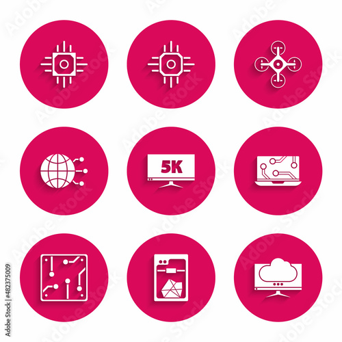 Set Monitor display with 5k video, 3D printer, Computer monitor screen, Laptop, Processor, Global technology social network, Drone and icon. Vector