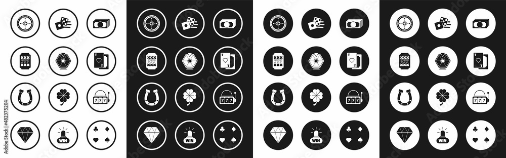 Set Stacks paper money cash, Lucky wheel, Slot machine with lucky sevens jackpot, Casino roulette, Playing card heart, Game dice, and Horseshoe icon. Vector Set Stacks paper money cash, Lucky wheel, Slot machine with lucky sevens jackpot, Casino roulette, Playing card heart, Game dice, and Horseshoe icon. Vector