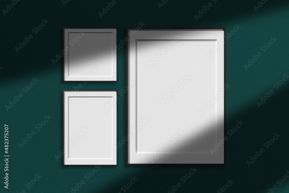 Set of black poster photo frame mockup in minimalist room with shadow overlay Set of black poster photo frame mockup in minimalist room with shadow overlay