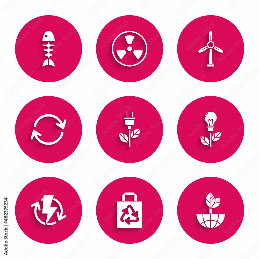 Set Electric saving plug in leaf, Paper shopping bag with recycle, Earth globe and, Light bulb, Recharging, Refresh, Wind turbine and Fish skeleton icon. Vector Set Electric saving plug in leaf, Paper shopping bag with recycle, Earth globe and, Light bulb, Recharging, Refresh, Wind turbine and Fish skeleton icon. Vector
