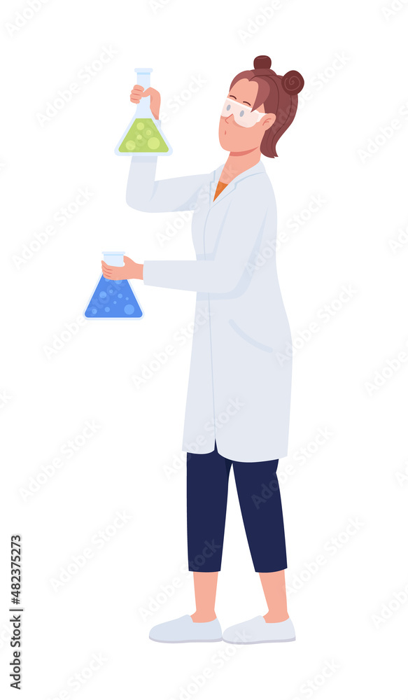 Chemist with beakers semi flat color vector character. Standing figure. Full body person on white. Experiment isolated modern cartoon style illustration for graphic design and animation
