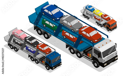 Isometric Heavy Car transport truck. Industrial machinery and equipment. Realistic 3D vector isolated on white background