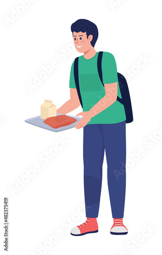 Pupil with lunch on tray semi flat color vector character. Posing figure. Full body person on white. School dinner isolated modern cartoon style illustration for graphic design and animation