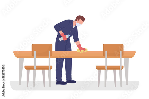 Cleaner disinfecting desk semi flat color vector character. Posing figure. Full body person on white. Cleanup isolated modern cartoon style illustration for graphic design and animation