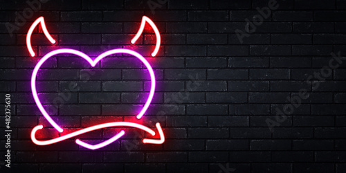 Vector realistic isolated neon sign of Devil Heart logo for template decoration and layout covering on the wall background. Concept of Happy Valentines Day.