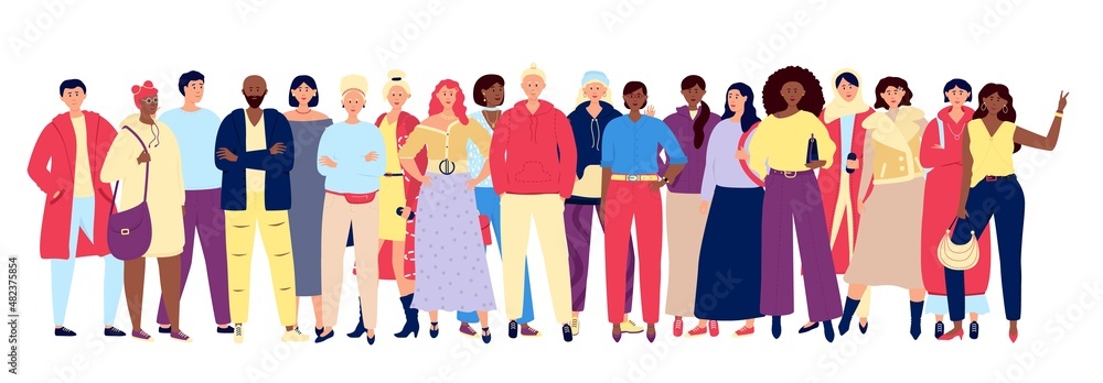 Multicultural people crowd. European lifestyle young women men, business and casual wear characters. Friends community, adults team utter vector concept Multicultural people crowd. European lifestyle young women men, business and casual wear characters. Friends community, adults team utter vector concept
