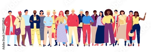 Multicultural people crowd. European lifestyle young women men, business and casual wear characters. Friends community, adults team utter vector concept
