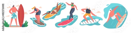Set of Surfers Male and Female Characters, Surfing Sport, Men and Women in Swimwear Riding Surf Boards by Ocean Waves
