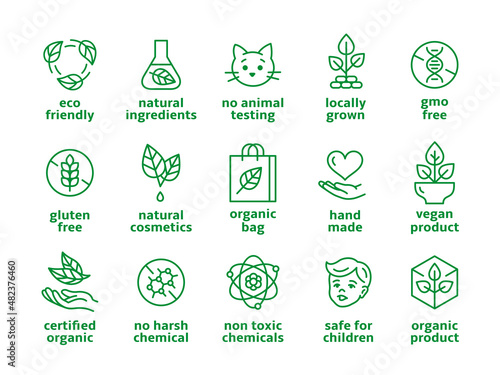 Eco line badges. No chemicals, makeup or skincare organic vegan icons. Natural cosmetic products marks. Hypoallergenic, no paraben tidy vector labels