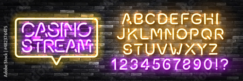 Vector realistic isolated neon sign of Casino Stream with easy to change color alphabet font for template decoration and covering on the wall background.