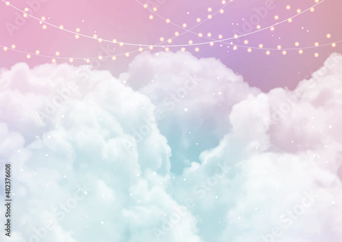 Sky background with sugar cotton candy clouds and stars