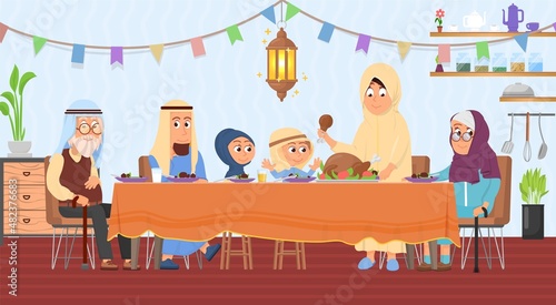 Ramadan dinner. Muslim family, iftar party at home. Arabian lantern, people celebrating traditional festive. Mother, father, kids and seniors eat, decent vector scene