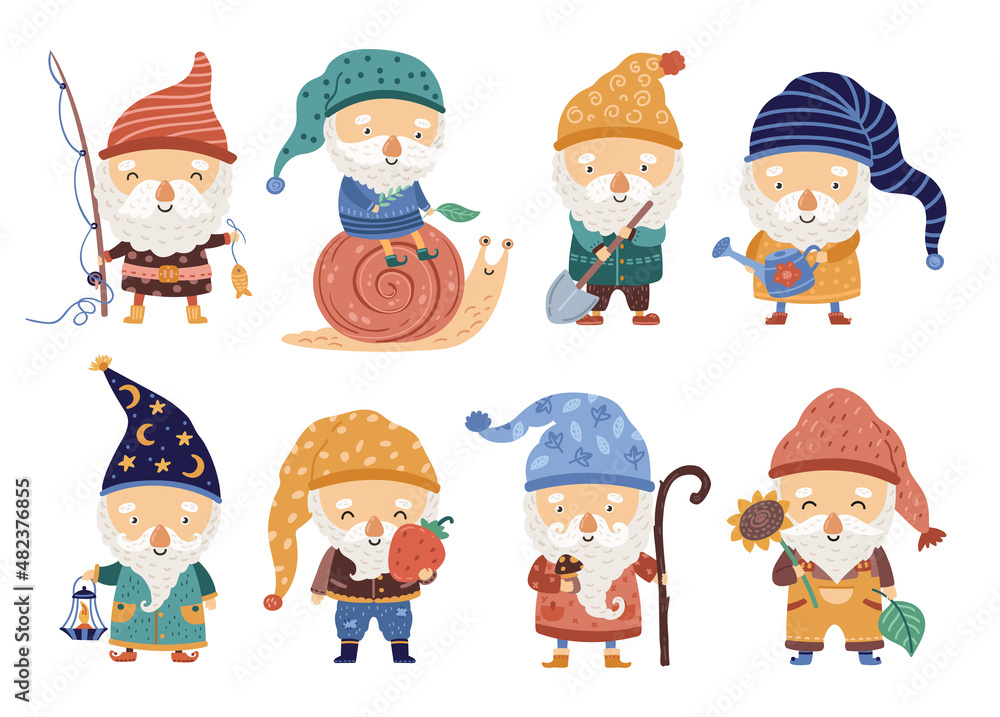 Garden dwarfs. Cartoon gnome, tiny forest elf. Cute fairy tale characters, funny magic men elves. Leprechaun with lantern and flower, neoteric vector set