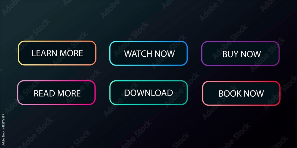 Naklejka premium Set of buttons for websites and applications. Flat design for user interface. Colorful icons: download, learn more, buy now. Gradient frame on a dark background.Vector image, modern style.