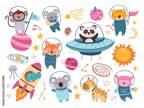 Space animals set. Panda astronaut in spaceship, cartoon animal. Dog, fox tiger in suit, crocodile in rocket explorer universe. Adventure neoteric vector set © LadadikArt