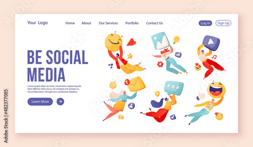 Happy people flying and holding emoji and social media icons. Landing page, web design, template concept of PR, advertising, digital marketing on Internet and social networks.  Vector flat cartoon. 
