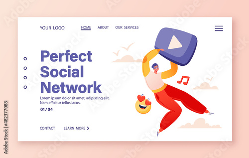 Social media, online advertising, promotion, online chats, social networking concept for landing page template. Vector cartoon character flying holding large video icon surrounded by emoji and clouds.